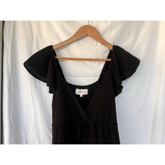 Xirena Black Tiered Mini Dress V Neck Flutter Sleeves Bow Drawstring Flowy Gauze - Picture 2 of 9